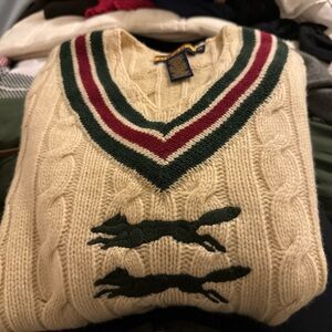 Ralph Lauren Cream V-Neck Sweater with Green and Red Stripes